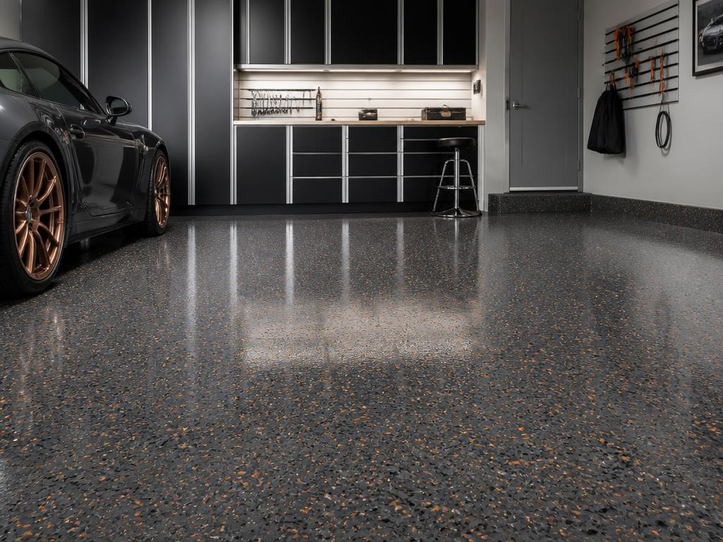Copper Flake Garage epoxy flooring installation