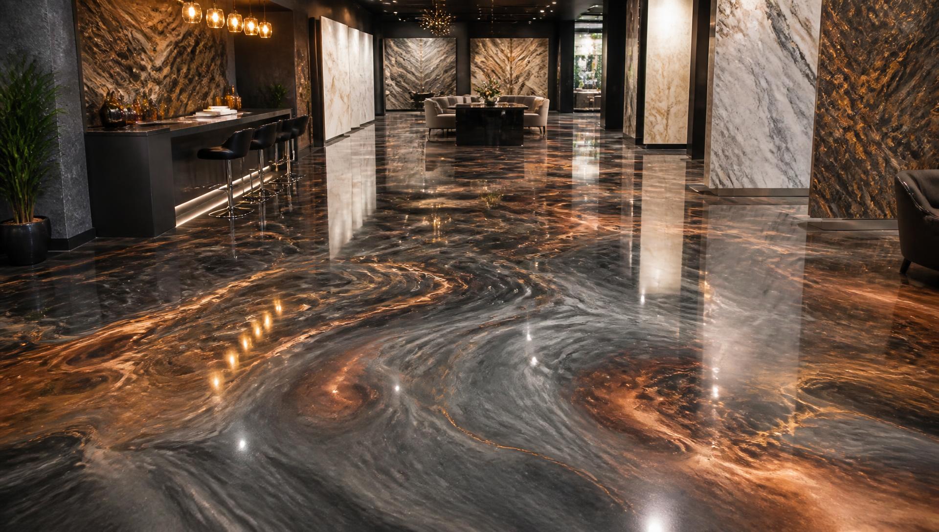 Luxury metallic epoxy flooring with copper and charcoal swirls